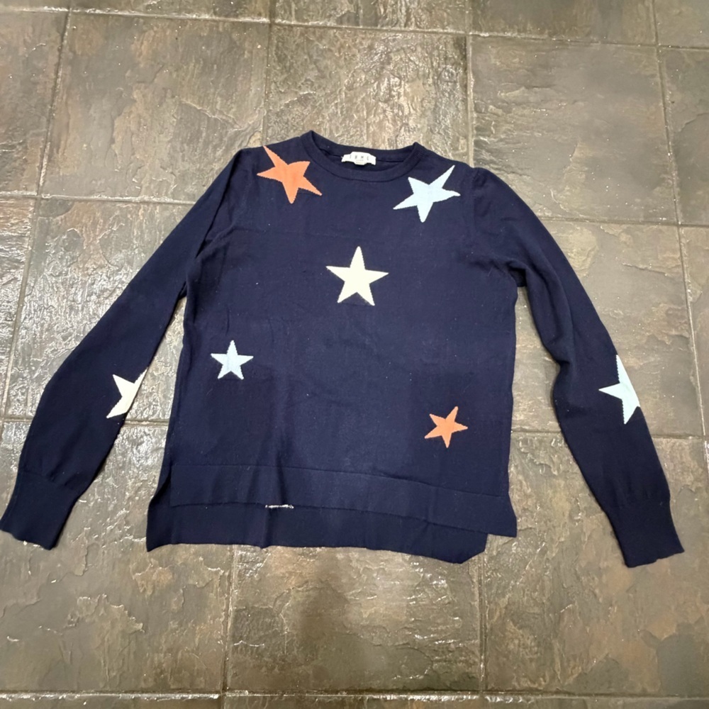 Thml Navy Star Print Sweater Lightweight Knit Pullover Size Medium - Picture 2 of 6